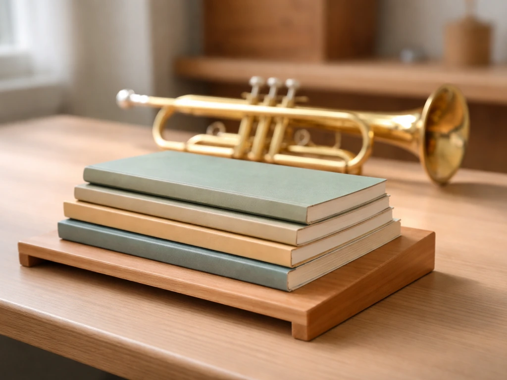 Close-up of vintage trumpet method music books on a wooden stand beside a brass trumpet