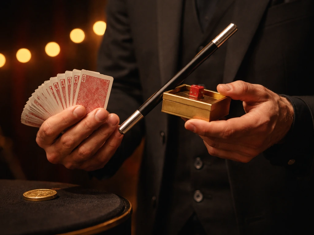 An anonymous magician’s hands holding a classic deck of cards over a dim stage with a spotlight.