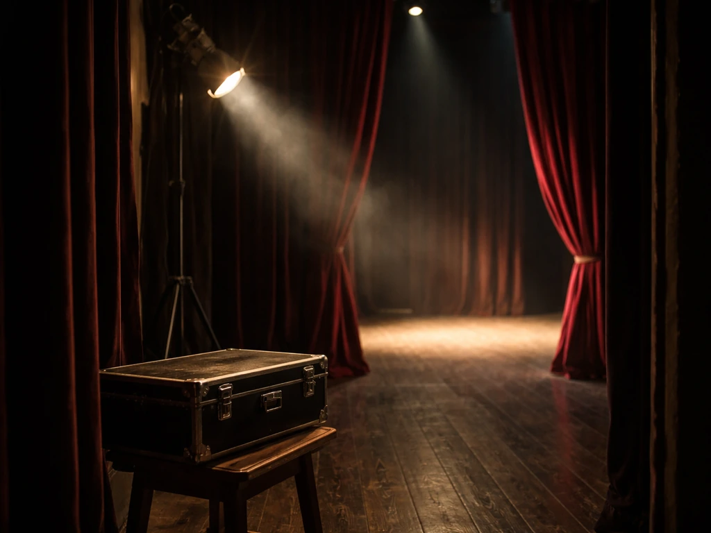 Backstage theater scene with an empty stage spotlight and a magician’s case on a stool.