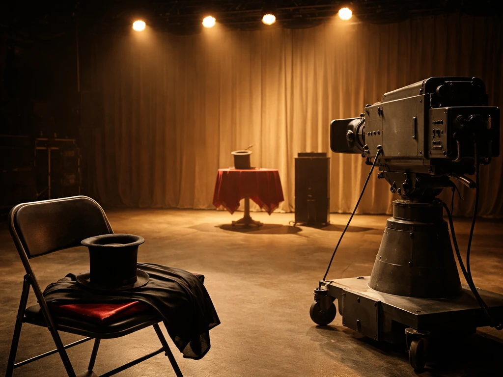 Vintage television studio set with warm lights and magician-like props, evoking TV-driven revenue