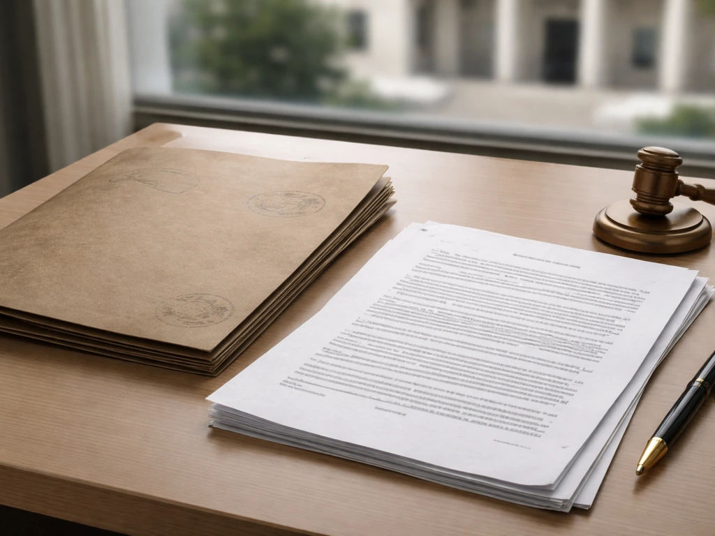 Unmarked court/legal documents and an evidence folder on an office desk, with a blurred courthouse outside.