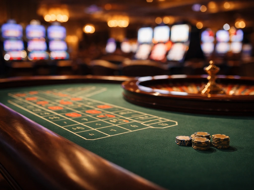 Empty roulette table and scattered chips inside a casino with softly glowing slot machines in the background.