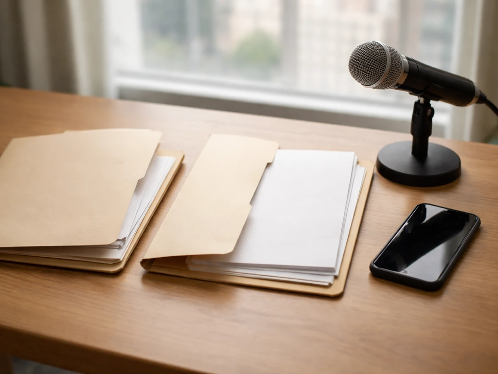 Wooden desk with folders, blank documents, a dark smartphone screen, and a microphone suggesting evidence and confidence