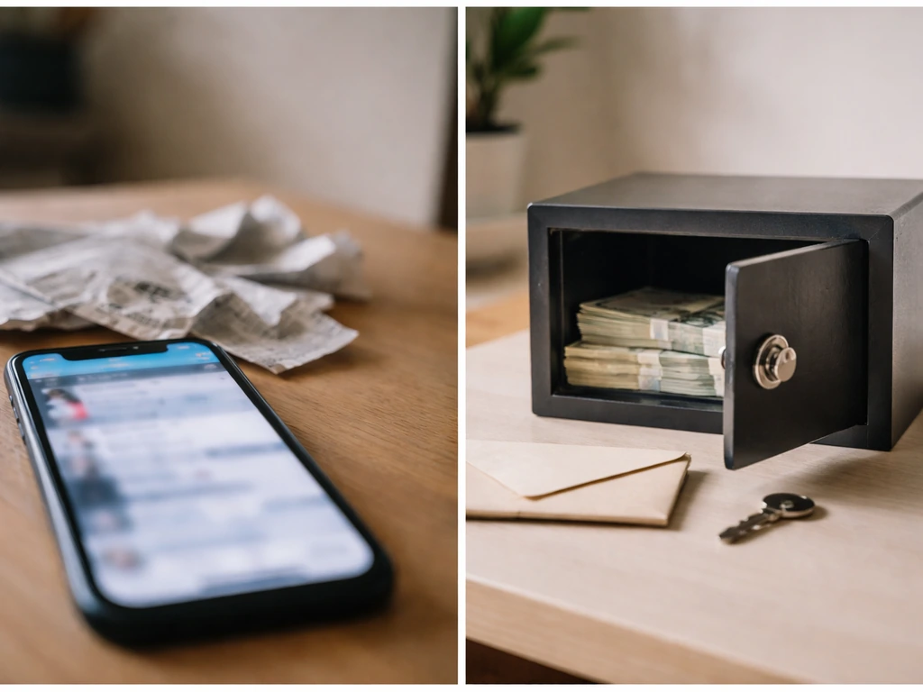 Two-panel photo: blurred phone rumor on left, lockbox and envelope assets on right, no text.