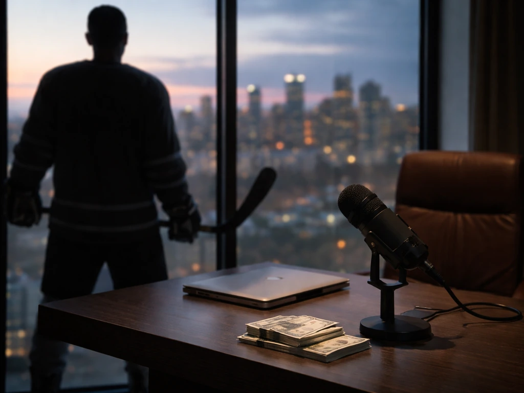 Canadian hockey player silhouette in a sleek office setting with subtle wealth and media cues.