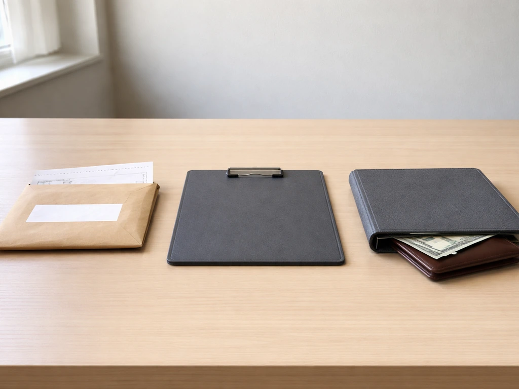 Minimal desk scene with a payment envelope on one side and wallet/binder accounting items on the other.
