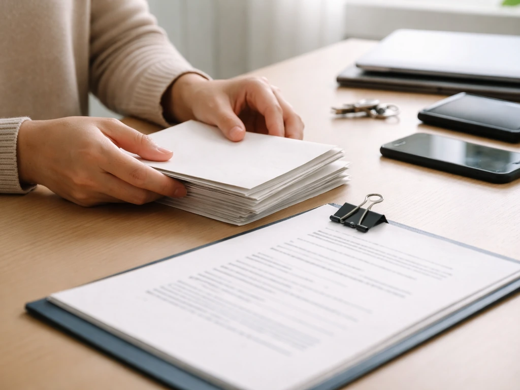Hands arranging unmarked documents and a phone on a desk, symbolizing verification of net worth sources.