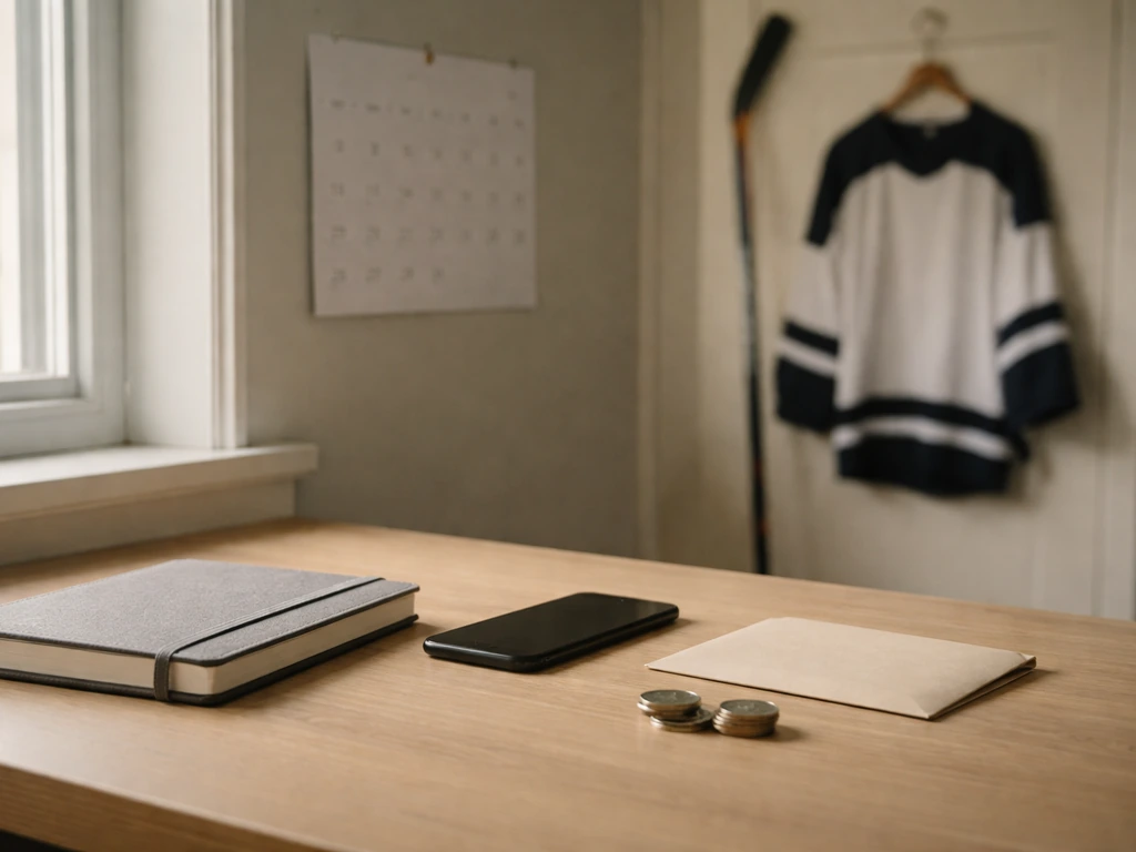 Minimal desk scene with coins and a hockey stick in soft window light, suggesting career and financial milestones.
