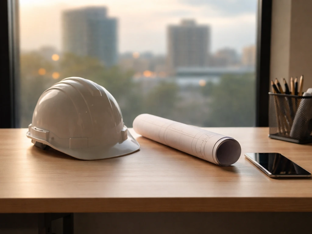 Empty office desk with a hard hat and folded blueprint, evoking a construction business background.