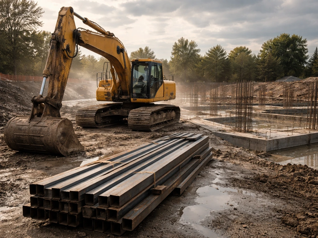 Excavator and steel beams at an active construction site with concrete foundations in soft natural light.