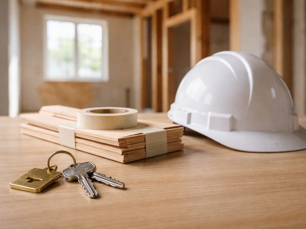 Keys and renovation materials on a simple table with a bright, partially renovated interior behind them.