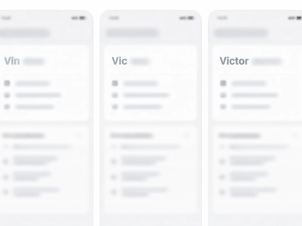 Split-screen of three blurred listing records labeled Vin, Vic, and Victor for a name-variant comparison