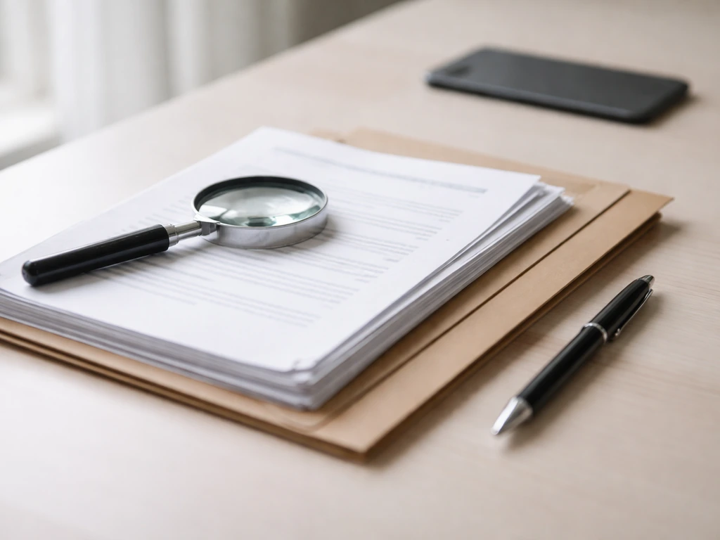 Minimal desk scene with a stack of financial documents and a pen for verifying records