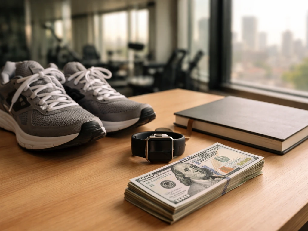 Running shoes and smartwatch on a wooden desk beside folded cash, with a softly blurred gym background.