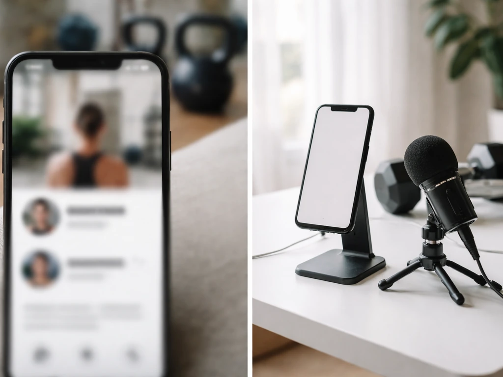 Split-screen: blurred fitness profile cues on the left, a clear anonymous creator desk setup on the right.