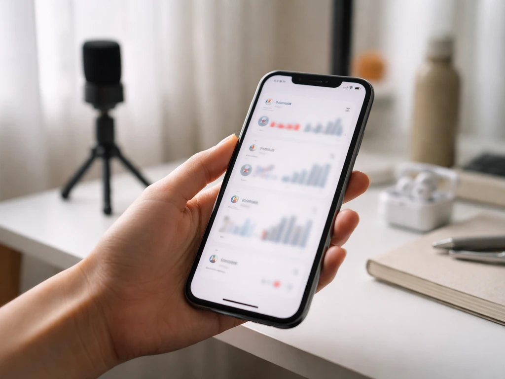 Hand holding a smartphone showing blurred social media metrics mockups, hinting at influencer earnings signals.