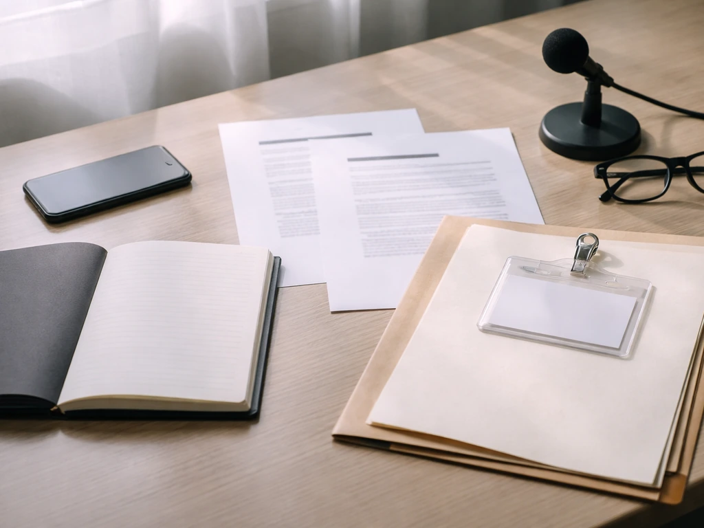 Minimal desk scene with documents, blank notebook, and media tools suggesting how to verify sources.