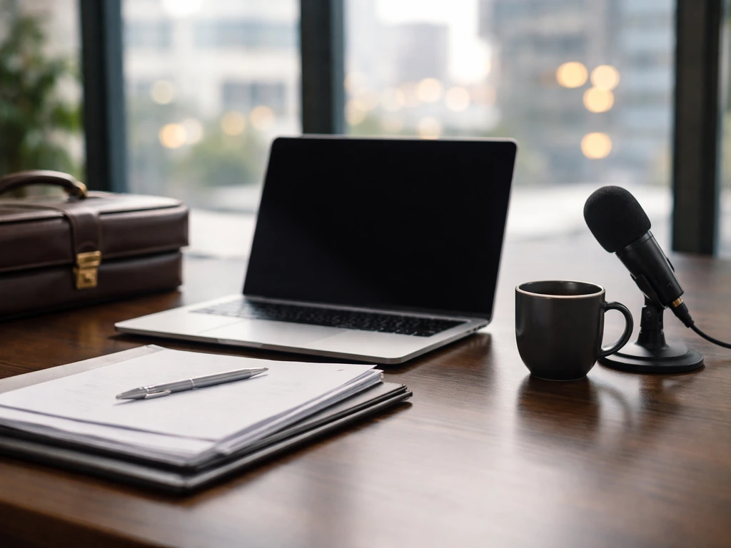 A financial advisor’s office scene with a laptop, documents, and a closed briefcase symbolizing net worth analysis.
