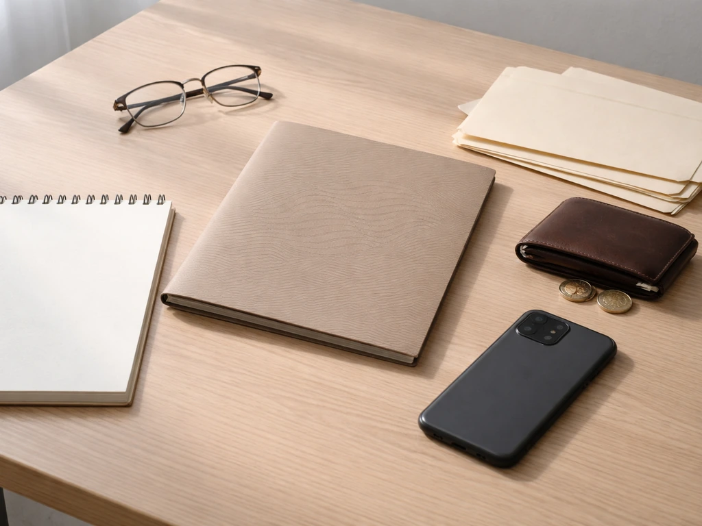 Minimal desk with envelopes, wallet, coins, and blank notepad suggesting public-record financial analysis