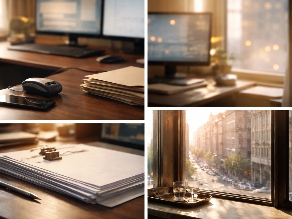 Minimal collage of ticketing-office desk, blank documents, and city view symbolizing ticketing wealth