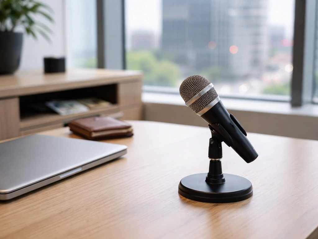 Minimal office desk with a microphone, laptop, and subtle money symbolism, no people visible.