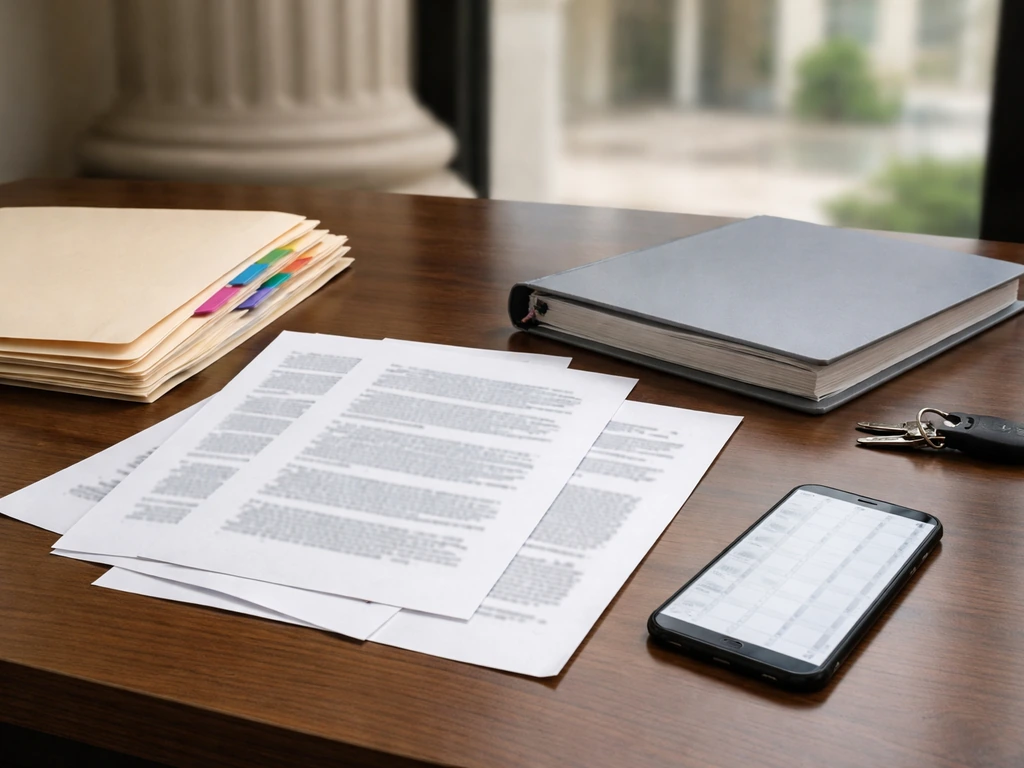 Minimal desk scene with folders, papers, and a phone suggesting indirect net worth research sources.