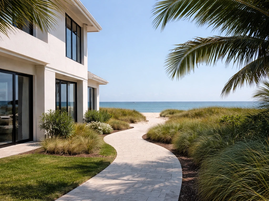 Luxury beachfront home exterior with an unobstructed view of the ocean and sandy dunes.