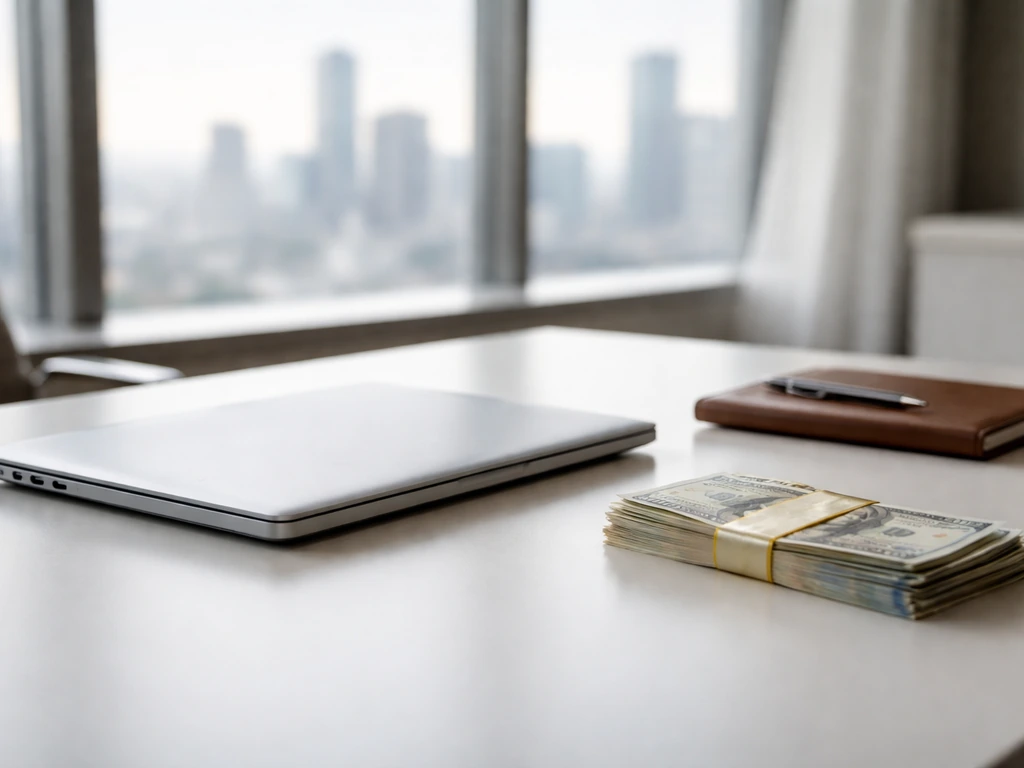 Minimal office scene with a closed laptop, cash-like textures, and a blurred city skyline suggesting financial wealth.