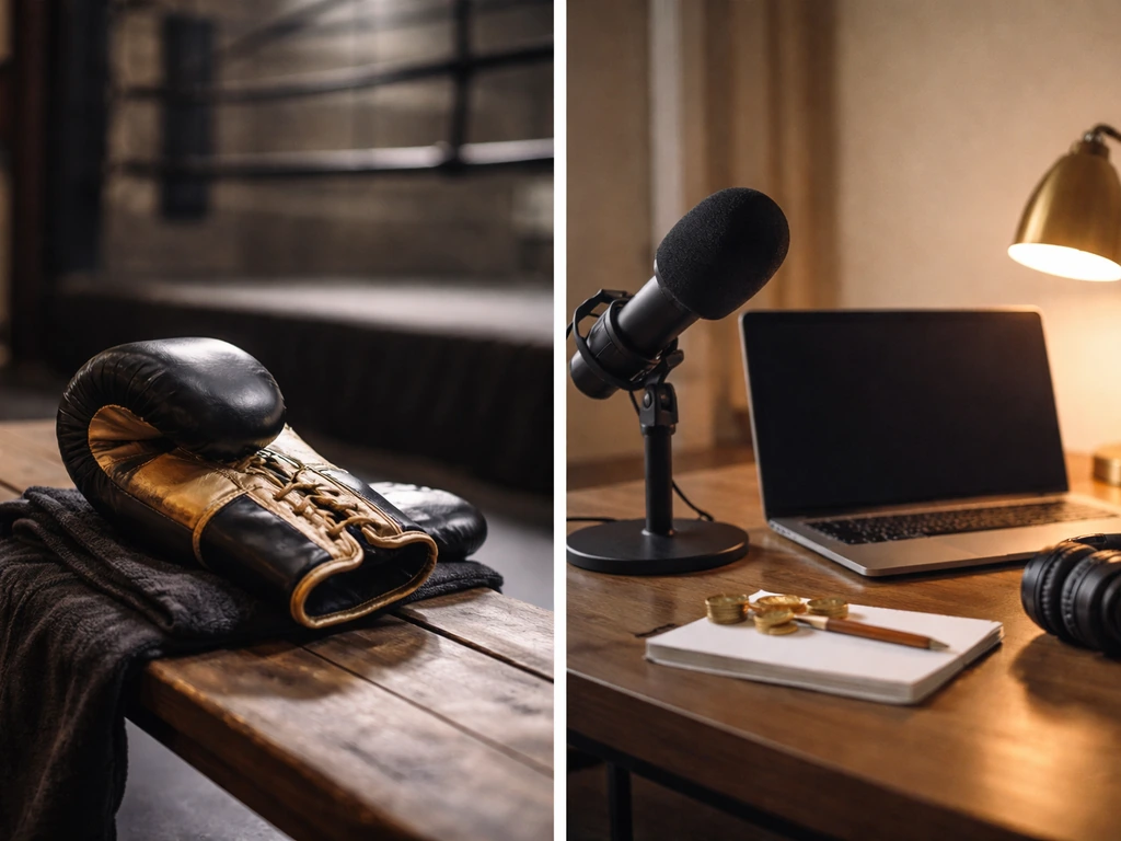 Side-by-side scene contrasting boxing gym gear and a desk with microphone and coins to avoid name mix-ups.