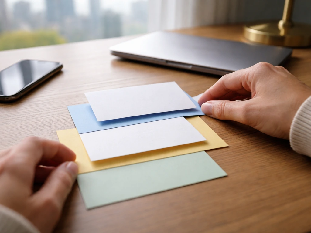 Hands arranging blank index cards on a desk with a phone and laptop, symbolizing layered financial research.