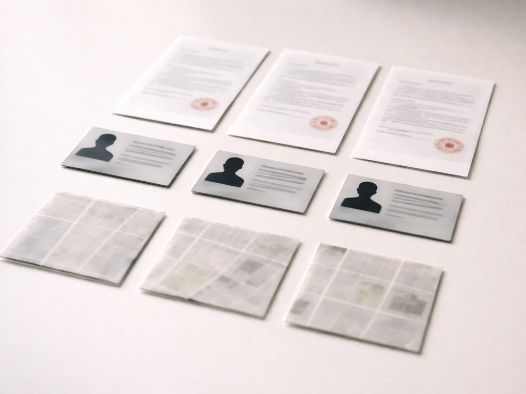 Minimal desk collage of blurred documents, stamped seals, and map tiles symbolizing public record inputs.