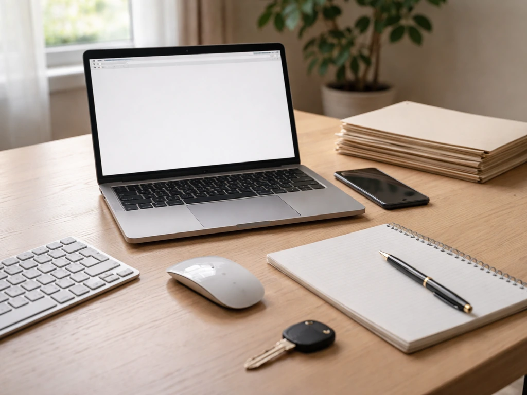 Minimal home office desk with laptop and documents symbolizing property and corporate record verification.