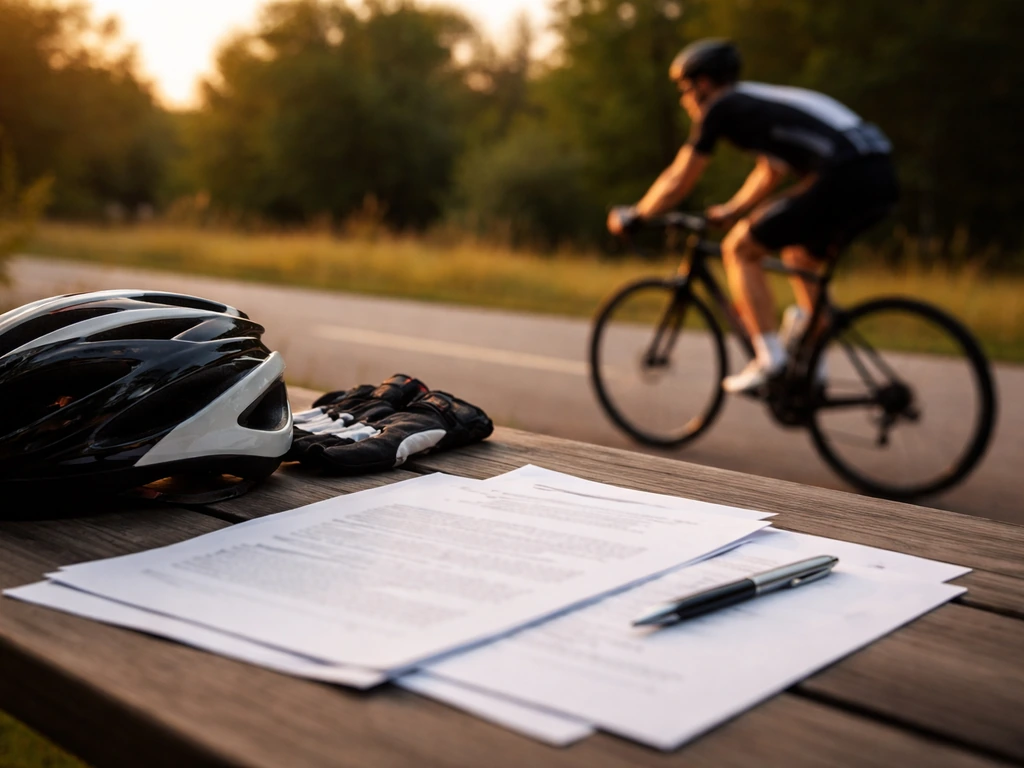 Anonymous cyclist on a road with a blurred contract paper and pen on a table nearby.