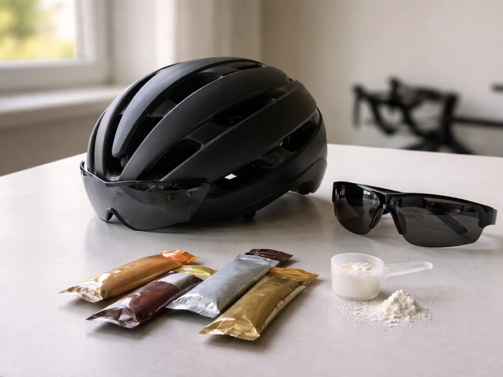 Cycling helmet, sunglasses, and sports nutrition items on a clean table suggesting sponsorship endorsements.