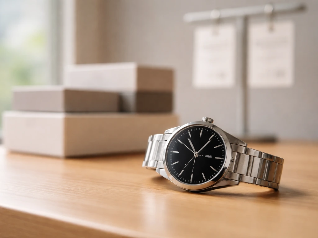 Close-up of a wristwatch on a desk with blurred price tags to suggest pricing and revenue context.