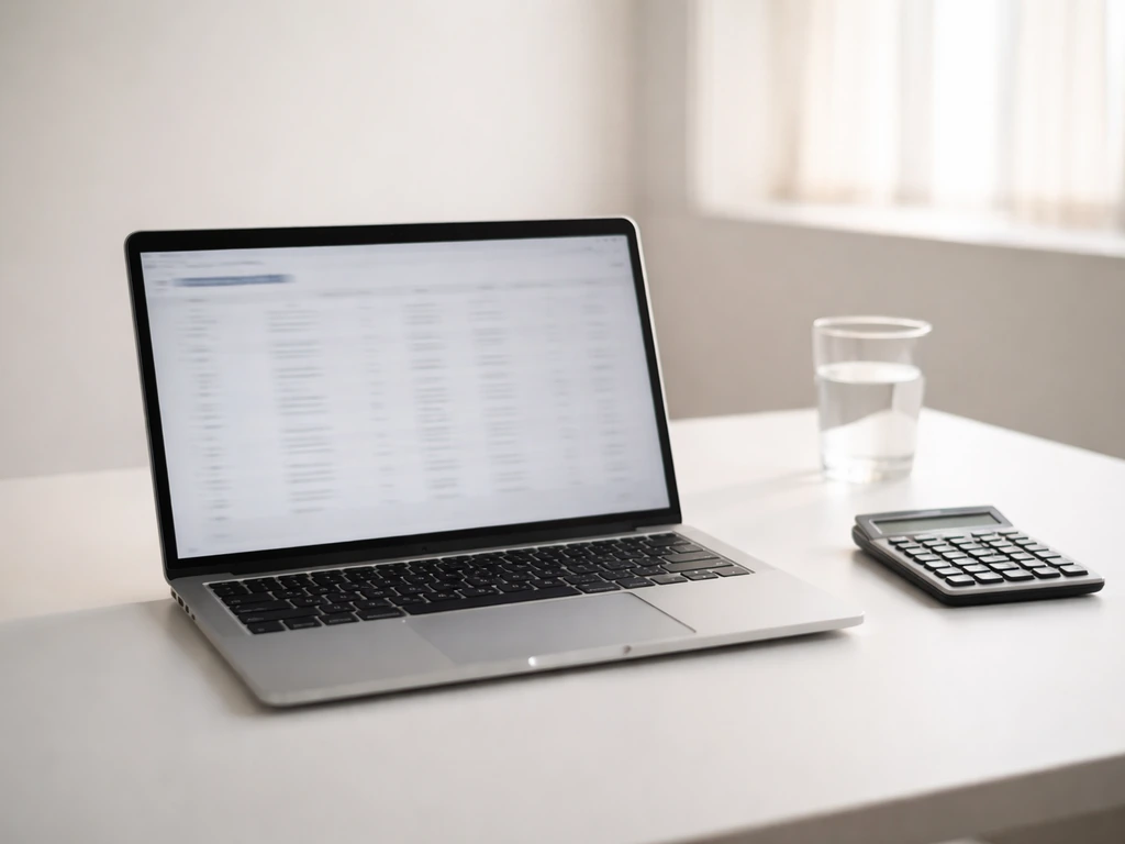 Minimal desk scene with a laptop showing blurred finance spreadsheets and a calculator, symbolizing DTC valuation multip
