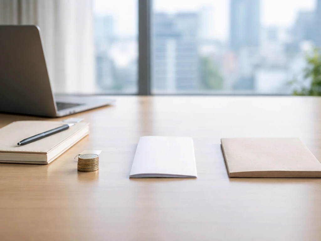 Minimal business desk scene with open laptop and symbolic objects suggesting low, mid, high financial ranges.