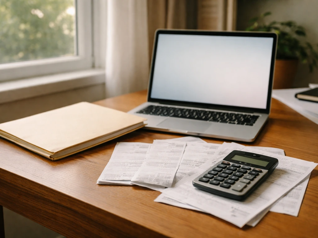 Open laptop beside a tax folder and calculator, with scattered receipts on a desk suggesting evidence-based calculations