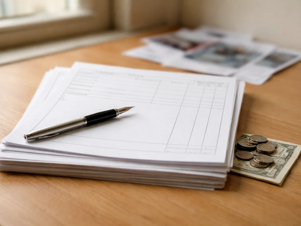 Close-up of blank invoice papers and pen on a wooden desk with coins, suggesting opera performance fees.