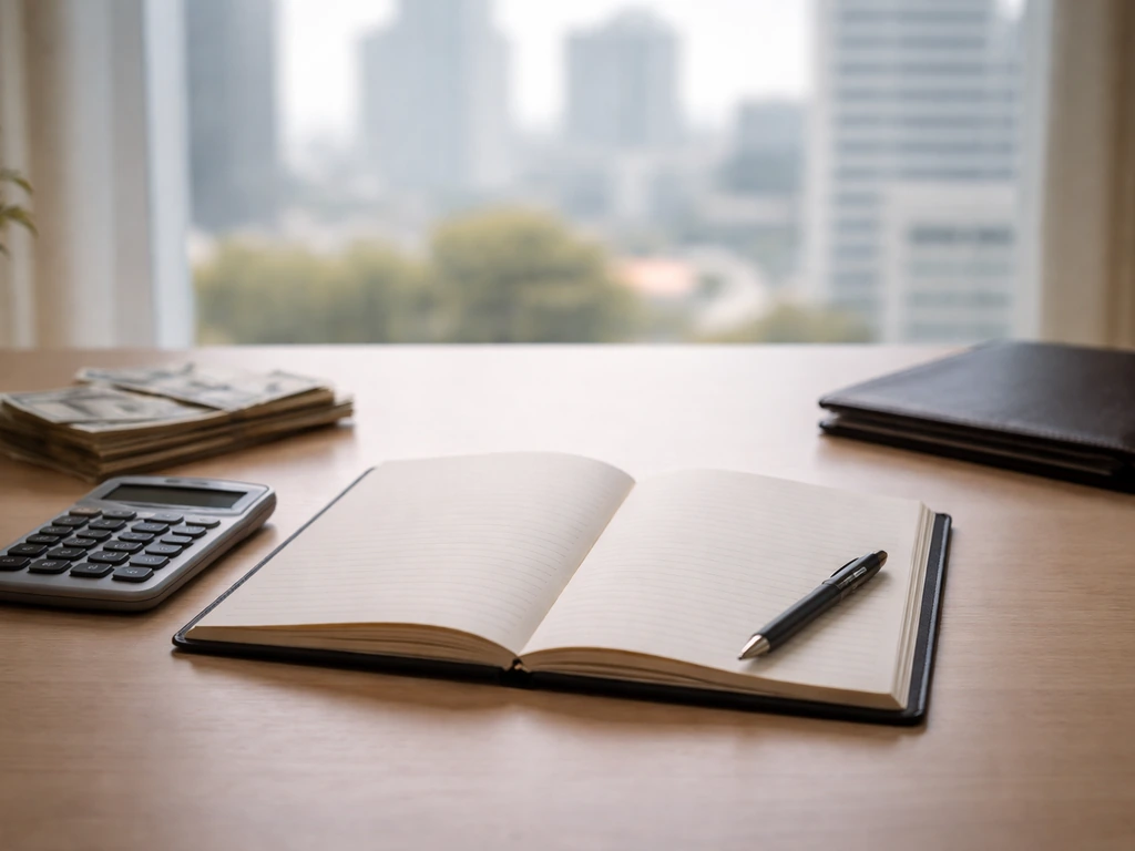 Minimal photo of a desk with a calculator and cash, symbolizing a net worth range versus certainty.