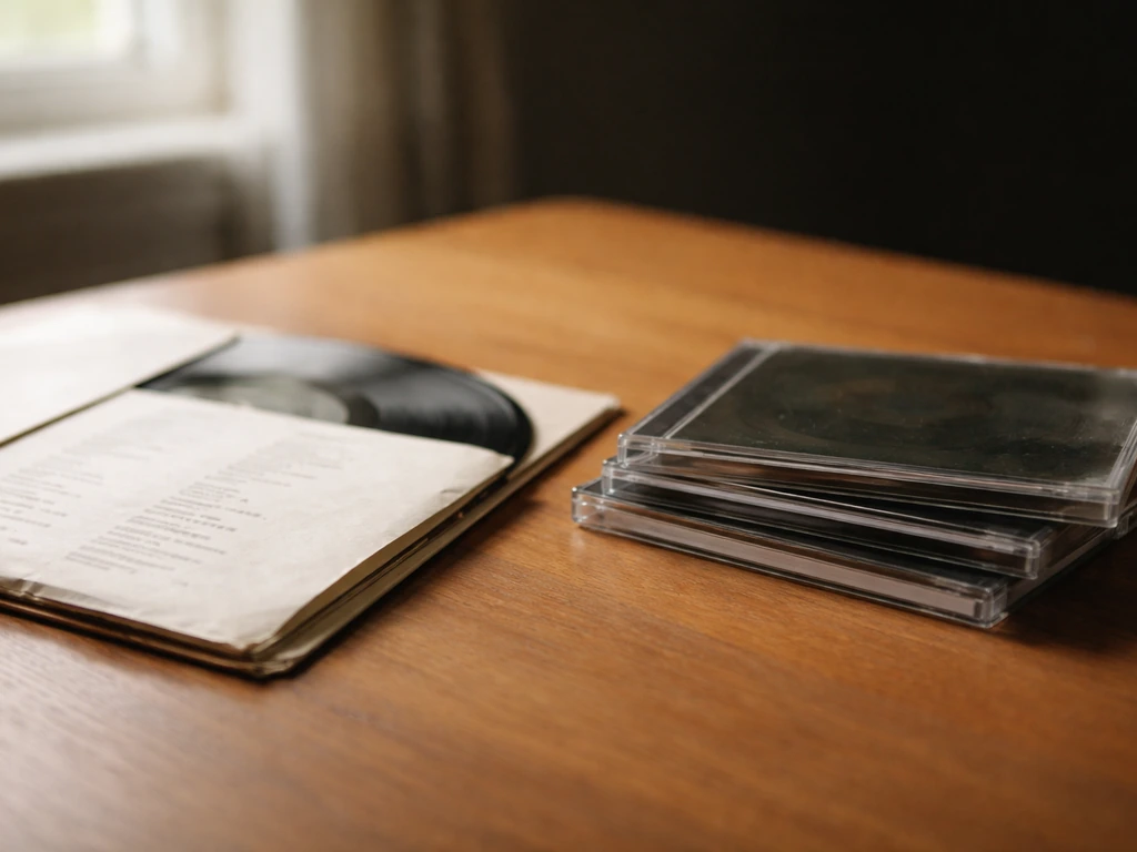 Close-up of a vintage vinyl record sleeve and a small collection of music CD cases on a wooden table