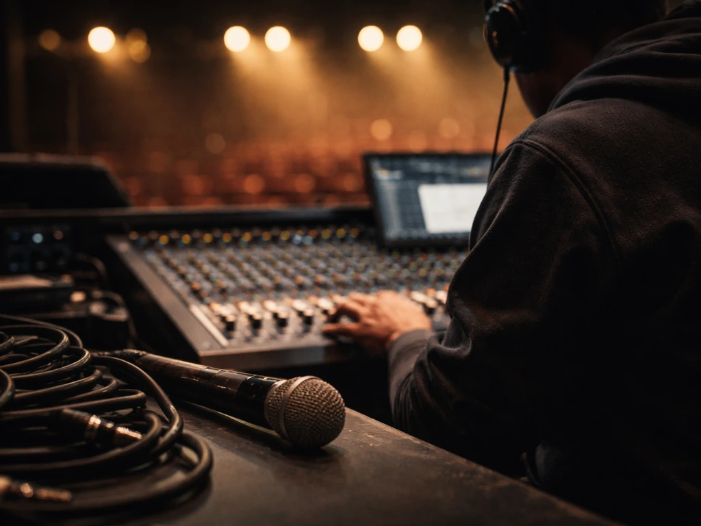 Anonymous sound mixer at work with microphone and cables in a dim studio control room