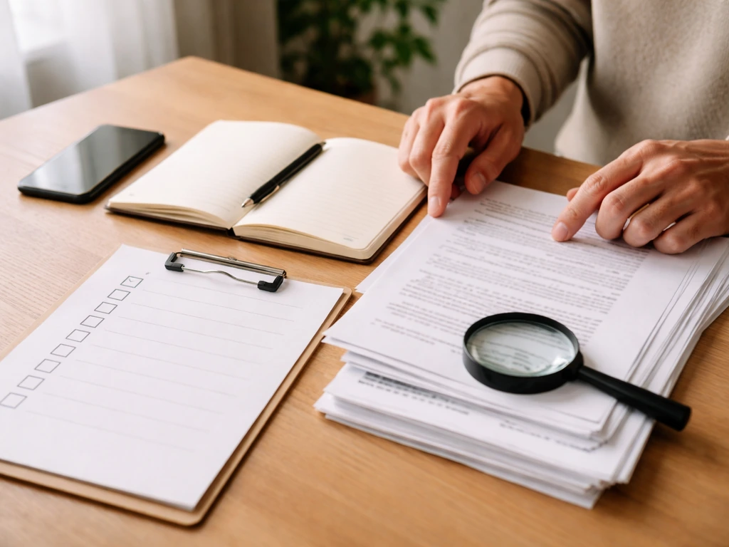 Anonymous hands review a magnifying glass and blank checklist beside printed articles on a quiet desk