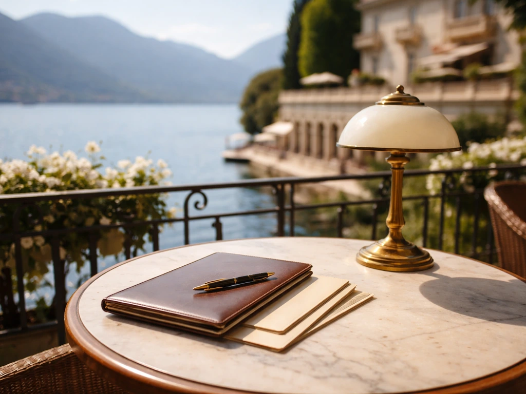 Luxury Lake Como hotel terrace with an elegant desk setup and portfolio, symbolizing wealth analysis.