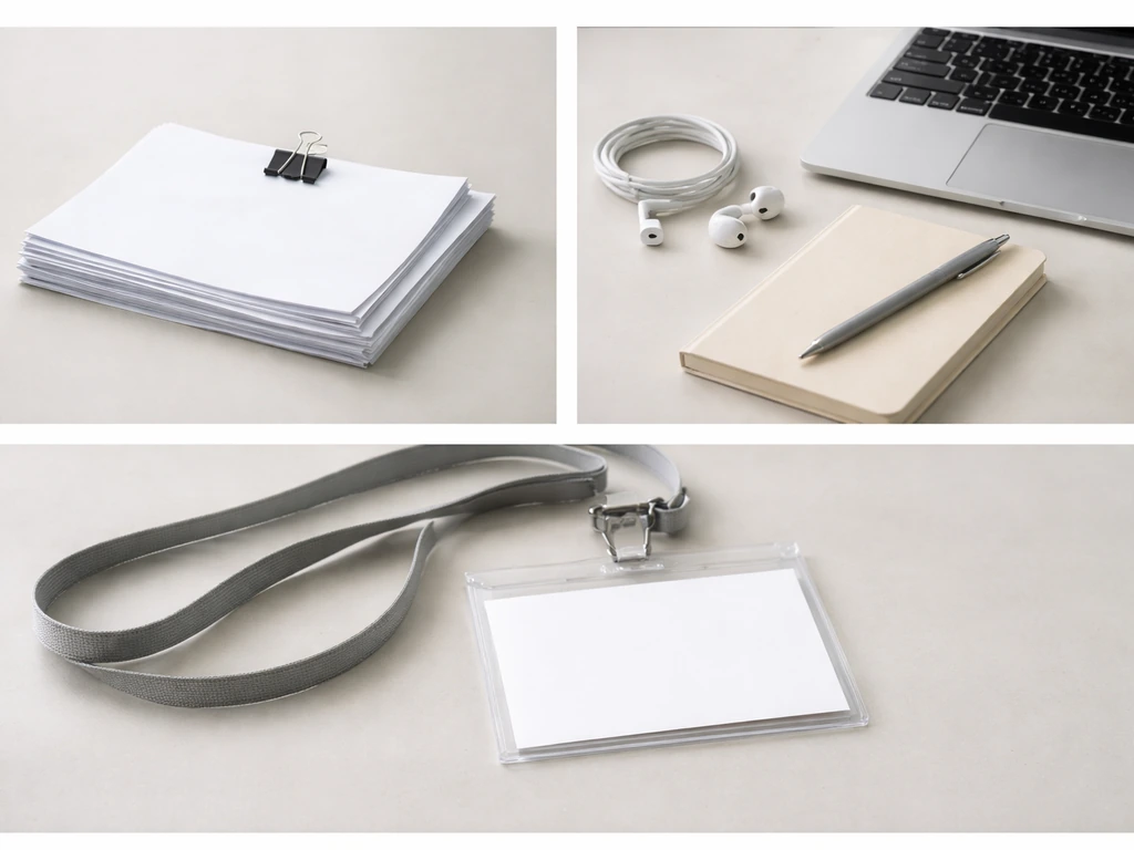 Minimal desk collage of three anonymous office identity clues: documents, notebook, and unmarked badge holder.