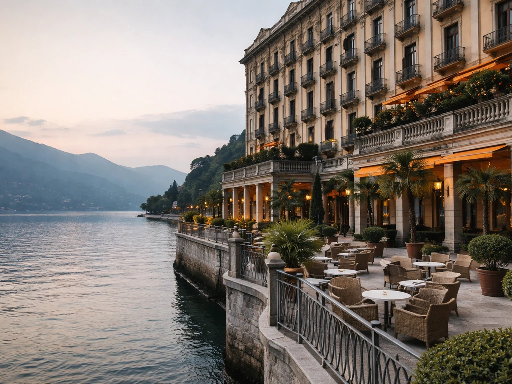 Luxury Lake Como hotel exterior with warm evening light, suggesting family-run wealth and business legacy.