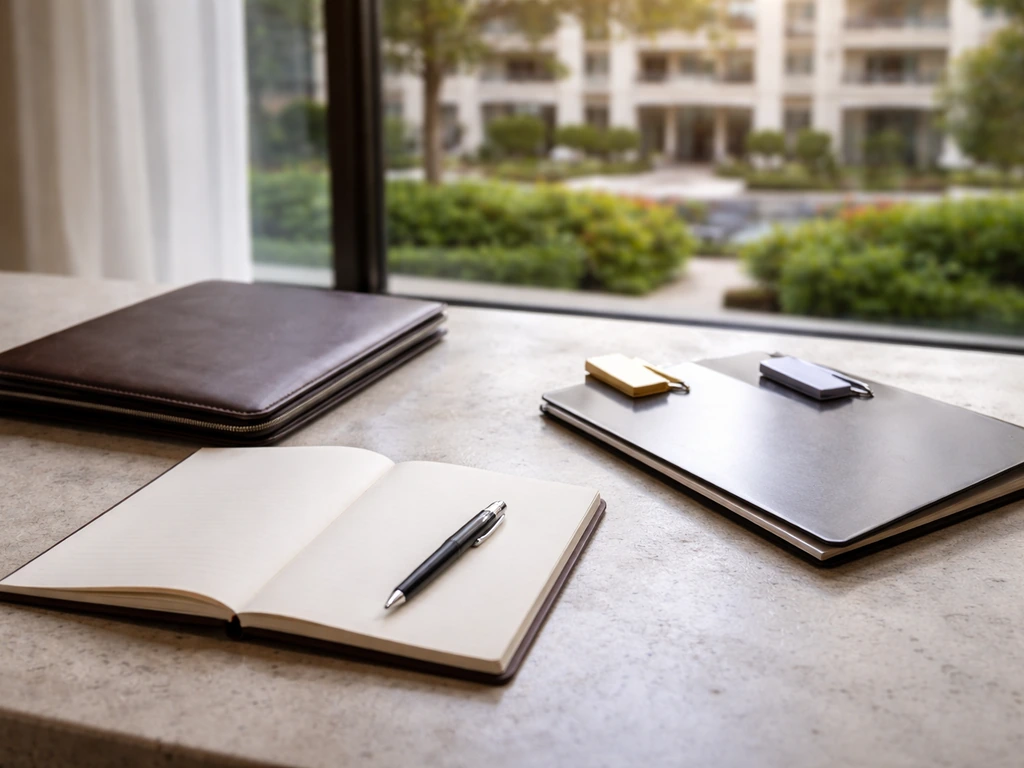 Minimal desk with portfolio and blank notebook, suggesting included vs unknown holdings through colors.