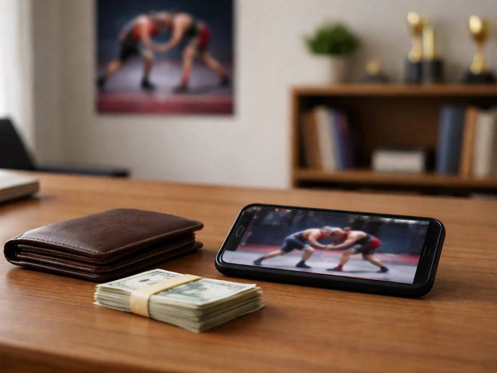 Anonymous office desk scene with a wrestling-themed poster and a wallet, symbolizing net worth analysis.