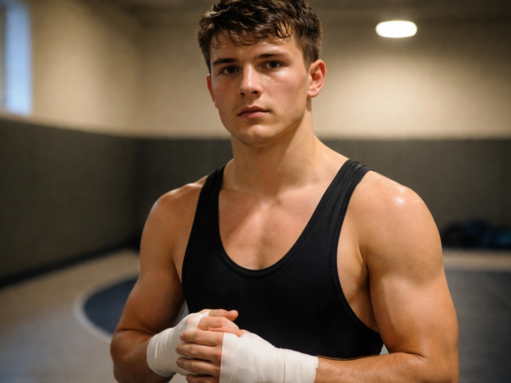 Anonymous young wrestler in a quiet training gym, shoulder-up, neutral focused expression.