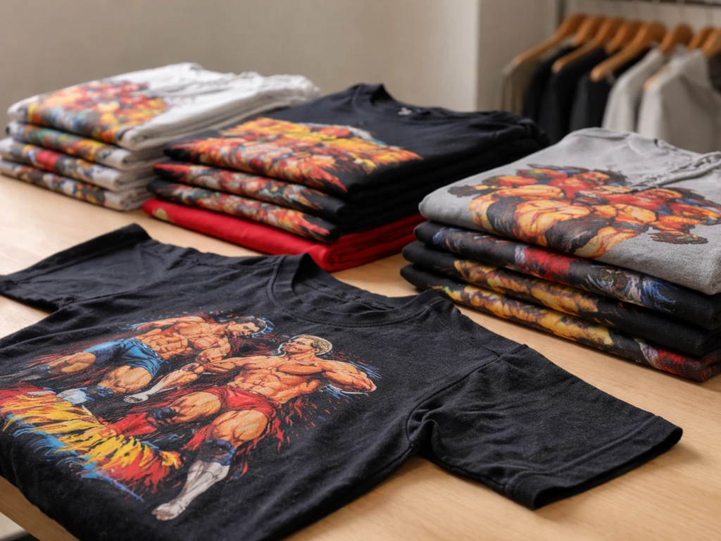 Close-up of wrestling-themed shirts and apparel laid out on a simple retail table